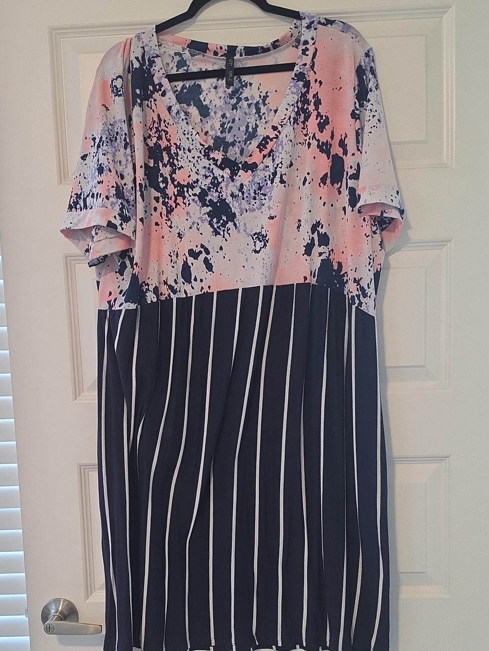 Glizy Girlz V-Neck Short Sleeve Colorblock Stripe Dress in Navy Pink Purple